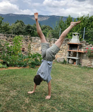 Una foto de una persona haciendo el pino en un jardín.